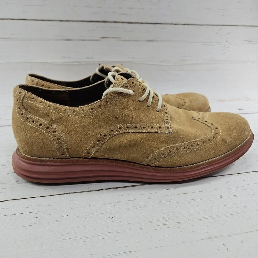 Cole Haan LunarGrand Wingtip Oxford Mens 11.5M Tan Red Suede Dress Shoes‎ C10228
